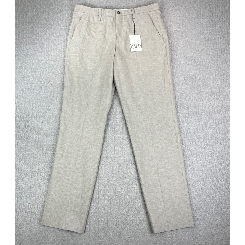 New Zara‎ Dress Pants Mens 31/33X31 Beige Textured Slim Fit Flat Front Trousers